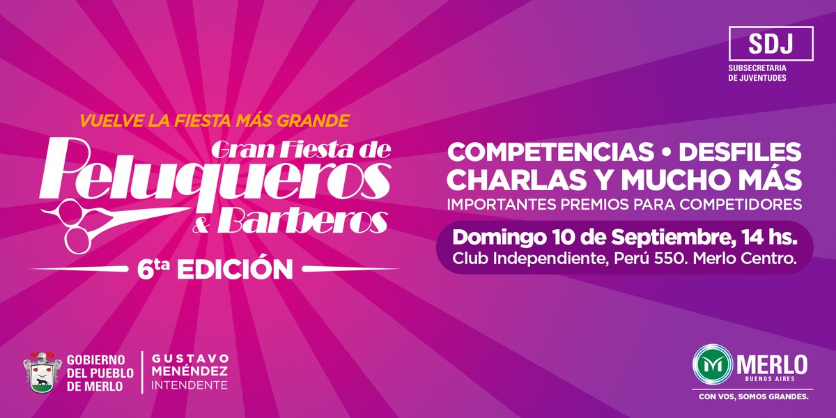 SDJuventudes's tweet photo. ✂ ¡Vuelve la fiesta más grande! Llega la sexta edición de la #GranFiestaDePeluquerosYBarberos, con charlas, competencias, desfiles y muchas sorpresas..

ℹ Si todavía no te inscribiste, ingresa a https://t.co/2d5aDDgnFu.

#GustavoMenéndezIntendente #MerloCapitalDeLasJuventudes https://t.co/ZmEP8y0CUd