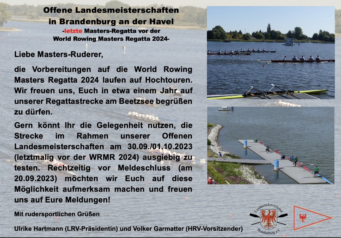wrmr2024's tweet photo. Wir freuen uns auf eure Teilnahme bei der offenen Landesmeisterschaften 2023 in Brandenburg an der Havel. 

——

We look forward to Masters rowers at the 2023 "offene Landesmeisterschaft" in Brandenburg an der Havel.
#wrmr2024 #rudernbrb 🚣🏻‍♂️ https://t.co/vj8K0soK1L