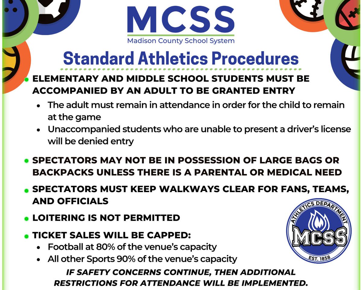 🚨As FOUR of our MCSS Football programs prepare to host big region matchups tomorrow night, please remember that the new MCSS Standard Athletic Procedures will be strictly enforced. See the graphic below for all MCSS admission protocols 🚨🏈 #MCSSAthletics #1MCSS