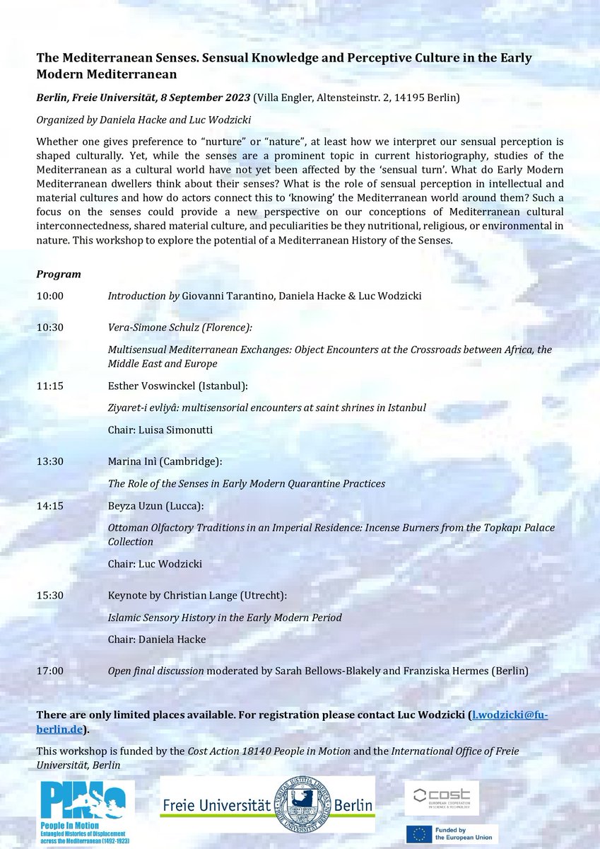 Thrilled to be attending this last <a href="/ca18140/">People in Motion in the Mediterranean CA18140</a> workshop tomorrow, organised by <a href="/Lucowitz/">Luc Wodzicki</a> and Daniela Hacke at <a href="/FU_Berlin/">Freie Universität</a>! #Berlin #earlymodern #Mediterranean