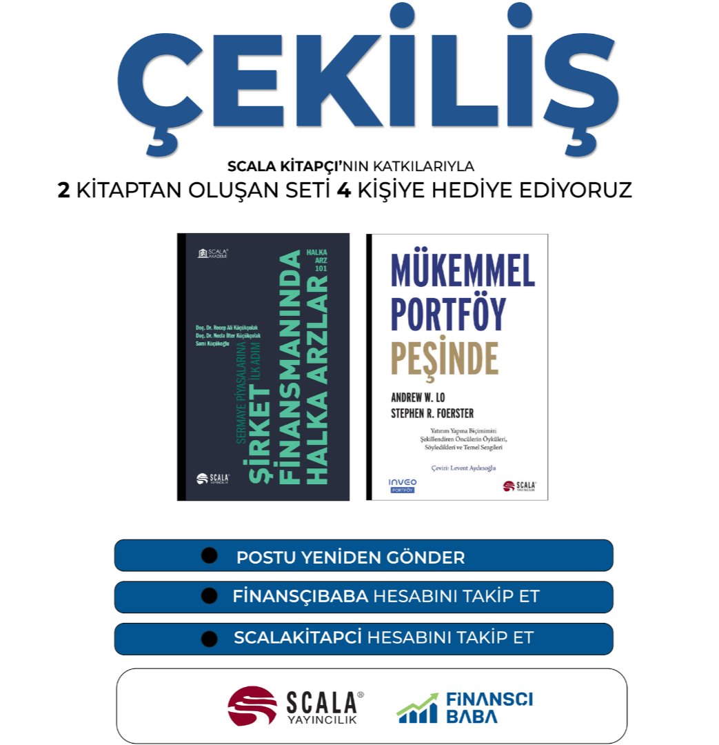 finanscibaba's tweet photo. 🎁 Kitap Çekilişi 📚📙

4️⃣ takipçimize 2 kitaptan oluşan bu seti hediye ediyoruz...

⏩ @finanscibaba takip et ✔️ 
⏩ @Scala_Kitapci takip et ✔️
⏩ Bu postu yeniden gönder ✔️

⏳Çekiliş 10 Eylül Pazar saat 21.00 da yapılacaktır. 

🔹Finansçı Baba Instagram hesabındaki çekilişe de katılarak şansınızı arttırın 👇
https://t.co/2vZsrUSz5f

🔗 Scala Yayıncılığa üye olup tüm yeni çıkan kitaplardan ve kampanyalardan haberdar olabilirsiniz 😉