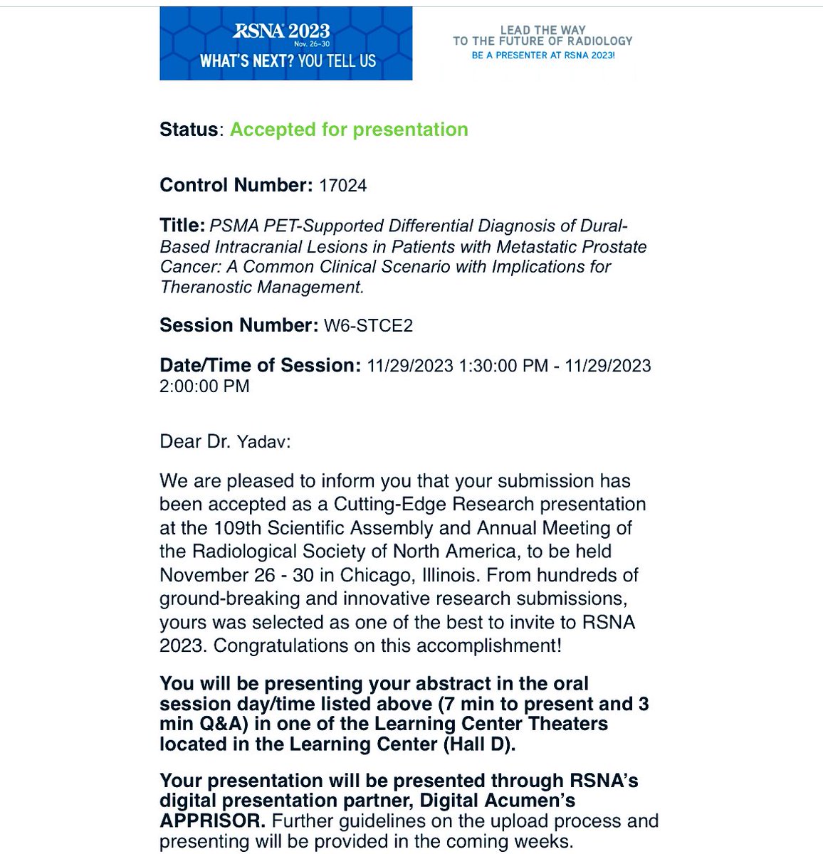idivyaMD's tweet photo. Our abstract got accepted as Cutting edge Research presentation for RSNA 2023. 👏🏻Big shout out and thanks to @jana_ivanidze @MolecularWCM @RSNA https://t.co/PTqAZMDE5k