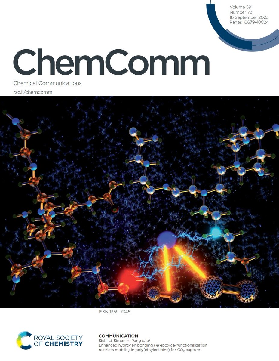 ChemCommun's tweet photo. On the latest cover:

'Enhanced hydrogen bonding via epoxide-functionalization restricts mobility in poly(ethylenimine) for CO2 capture by Sichi Li, Simon Pang &amp; co. at @Livermore_lab 🔓🔥

Check out the article at https://t.co/EoM7iWwQRH https://t.co/WBSlk9FFZX