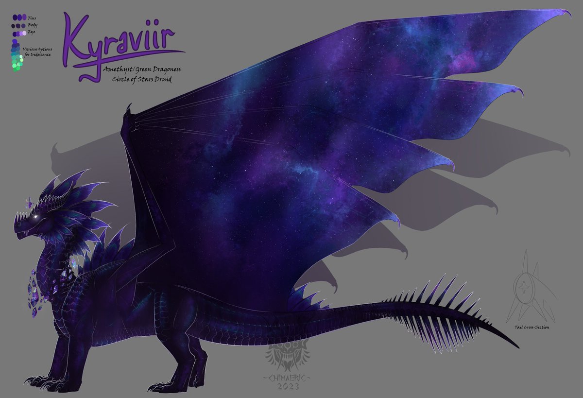 Space_Din0saur's tweet image. I figured I better get more active here and post some more of my art! So here you go. This is Kyraviir, my #dnd5e sona! Yes, she is a dragon! Kyra is a Circle of Stars Druid, and is Half Amethyst, Half Green dragon!

I love her to bits