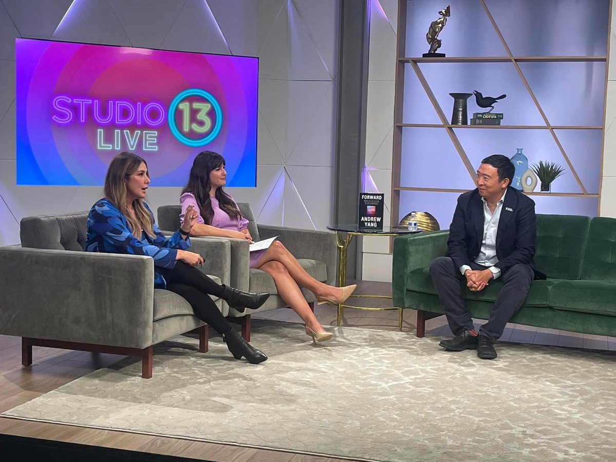 Entrepreneur, author, <a href="/Fwd_Party/">Forward Party</a> founder and former presidential candidate <a href="/AndrewYang/">Andrew Yang🧢⬆️🇺🇸</a> joined <a href="/Studio13onFOX/">Studio 13 Live</a> today! <a href="/carlyhenderson_/">Carly Henderson</a> and <a href="/mireya_g/">Mireya Garcia</a> interviewed him about what it was like running for president, artificial intelligence and his new book coming out next week.