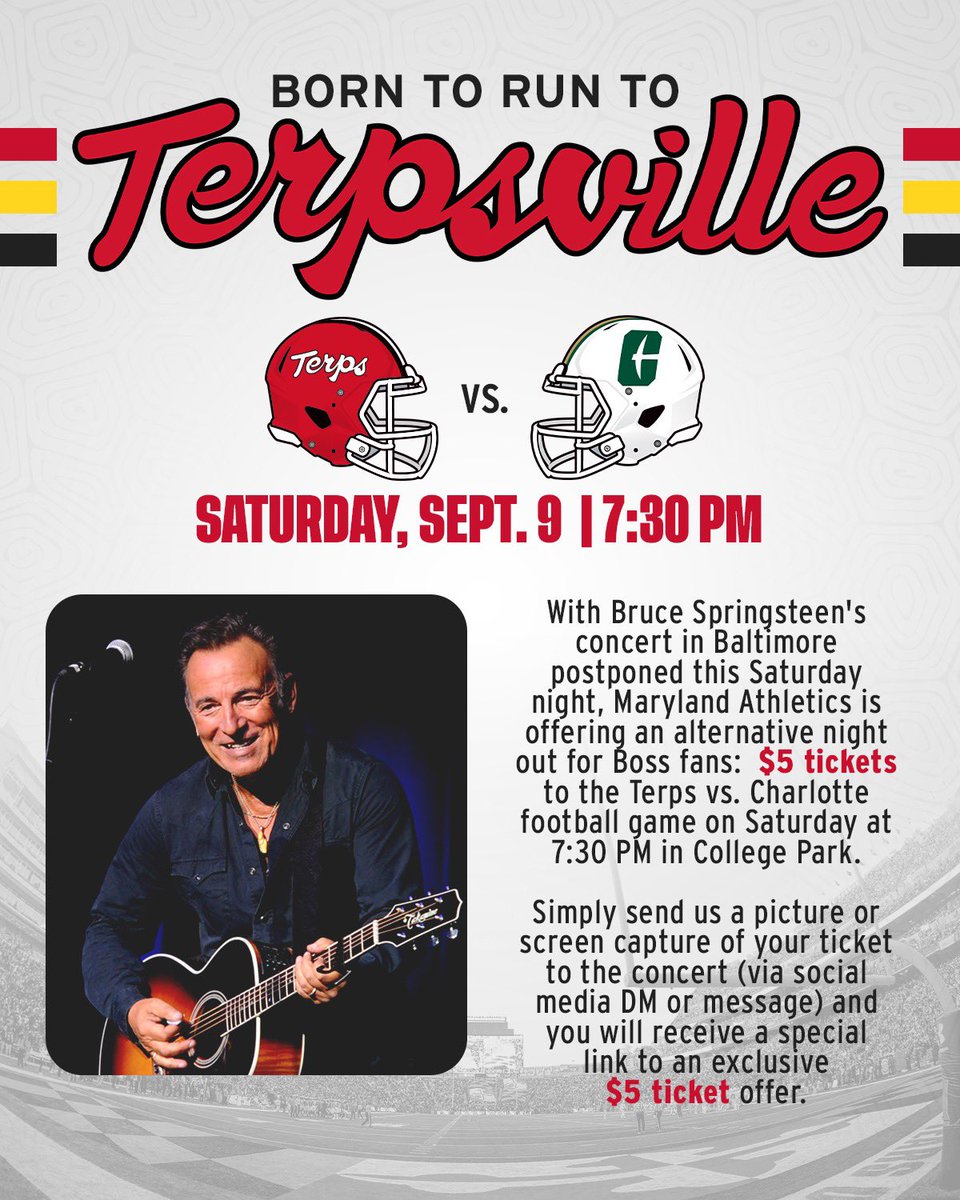 Born To Run to Terpsville! @springsteen fan that now needs plans on Saturday night? Come Prove It All Night at SECU Stadium!