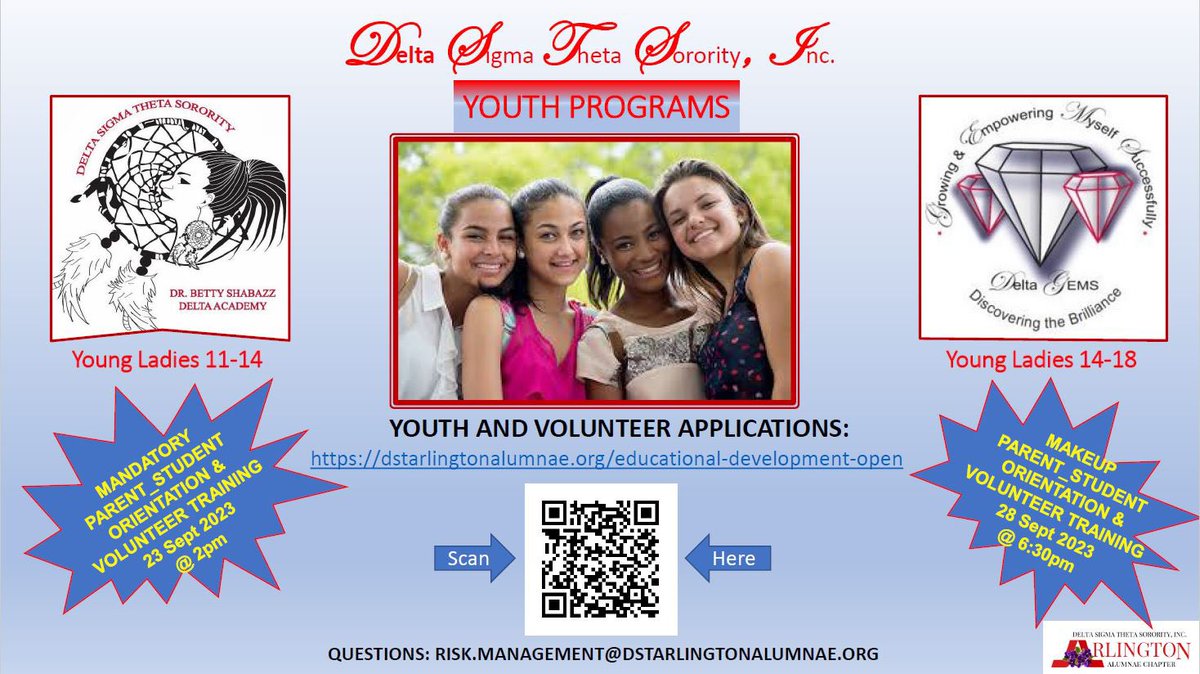 AATXDST's tweet photo. Calling all parents &amp; young ladies between the ages of 11-18 in the Arlington, Grand Prairie and Mansfield areas...- Delta Academy &amp; Delta GEMS. Join us for the Youth Program Orientation &amp; Volunteer Training. Please register using the QR Code on the flyer. https://t.co/qudCYPpk9k