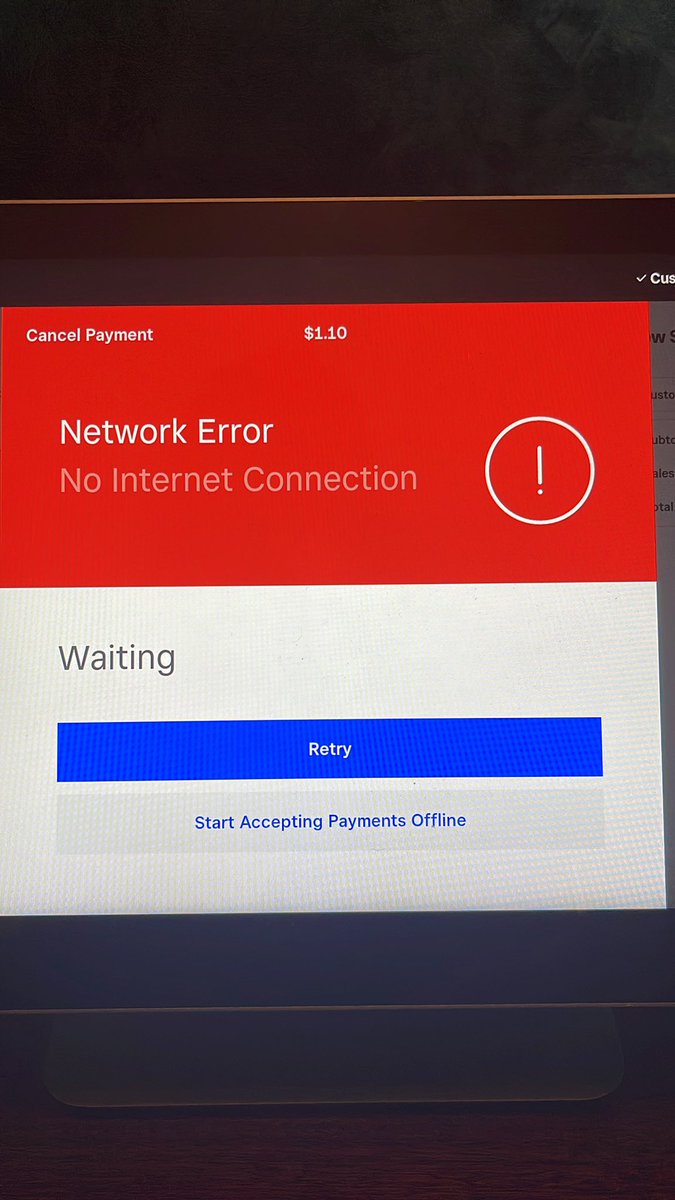 visionarylife's tweet photo. @square the #squareoutage that has been going on for over 2 hours is preventing POS subscribers from making sales.  This is not just affecting balances and transfers.  The “network error” “No internet connection” appears to be  deliberately misleading.  #FixIt https://t.co/T4tOcvwMe4