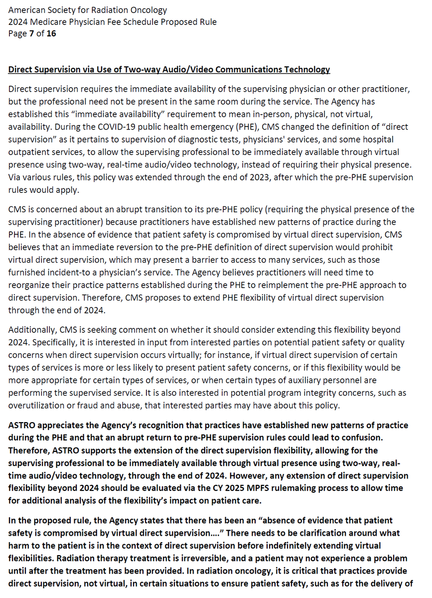 toddscarbrough's tweet photo. ASTRO now supports no mandated physical presence of the rad onc MD in the clinic  

I think I'm not telling tales out of school to say @ASTRO_org  has rather vehemently opposed this in the past for #radonc

Letter to CMS today: https://t.co/n5QljdsHNj