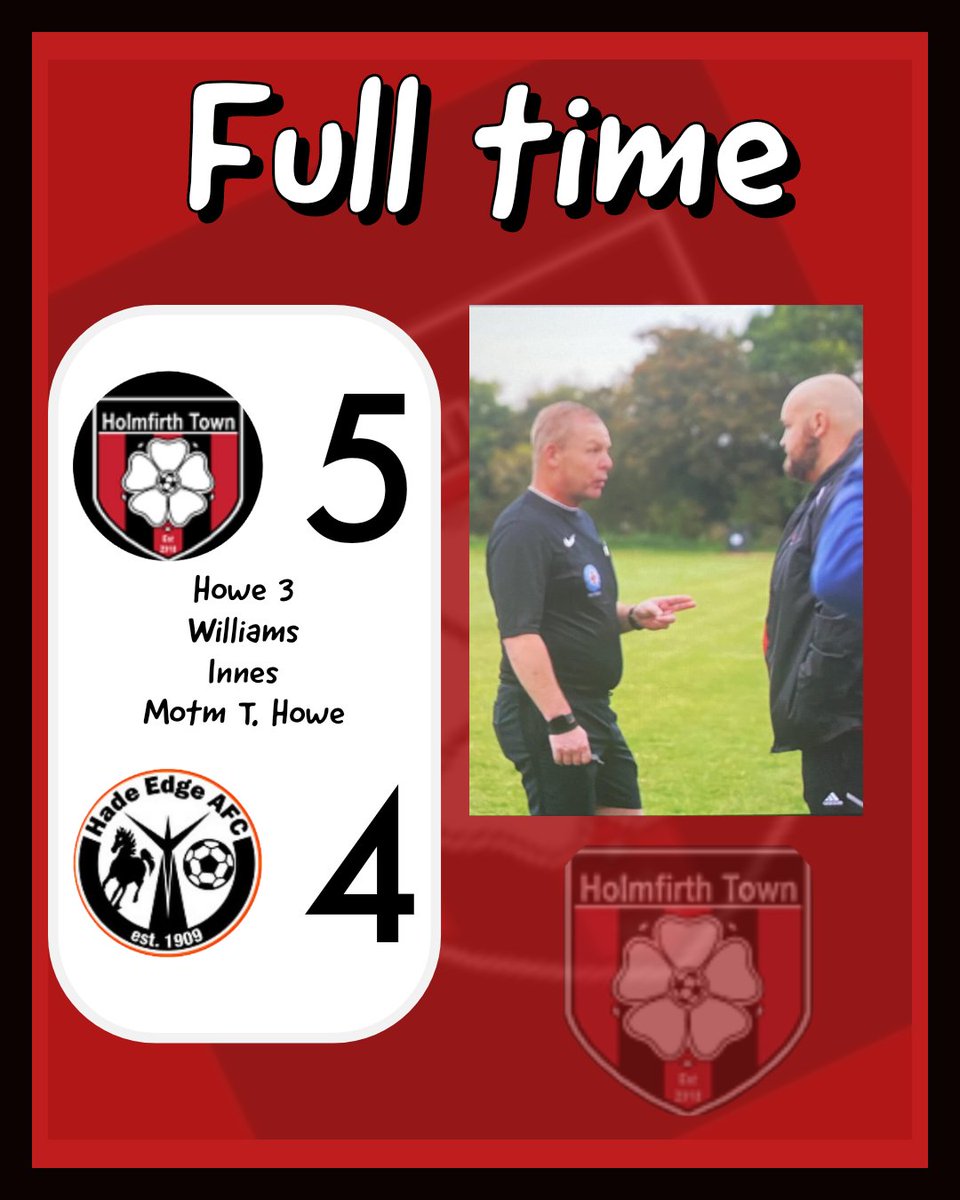 HolmfirthTown's tweet photo. First points of the season on the board after a hard fought win against our local rivals.
Still much to improve on but definitely a step in the right direction.
Tez Howe with a hat trick and deservedly Motm. 

We wish a speedy recovery to Lewis from the opposition 👍 https://t.co/MEEm6kGGNA