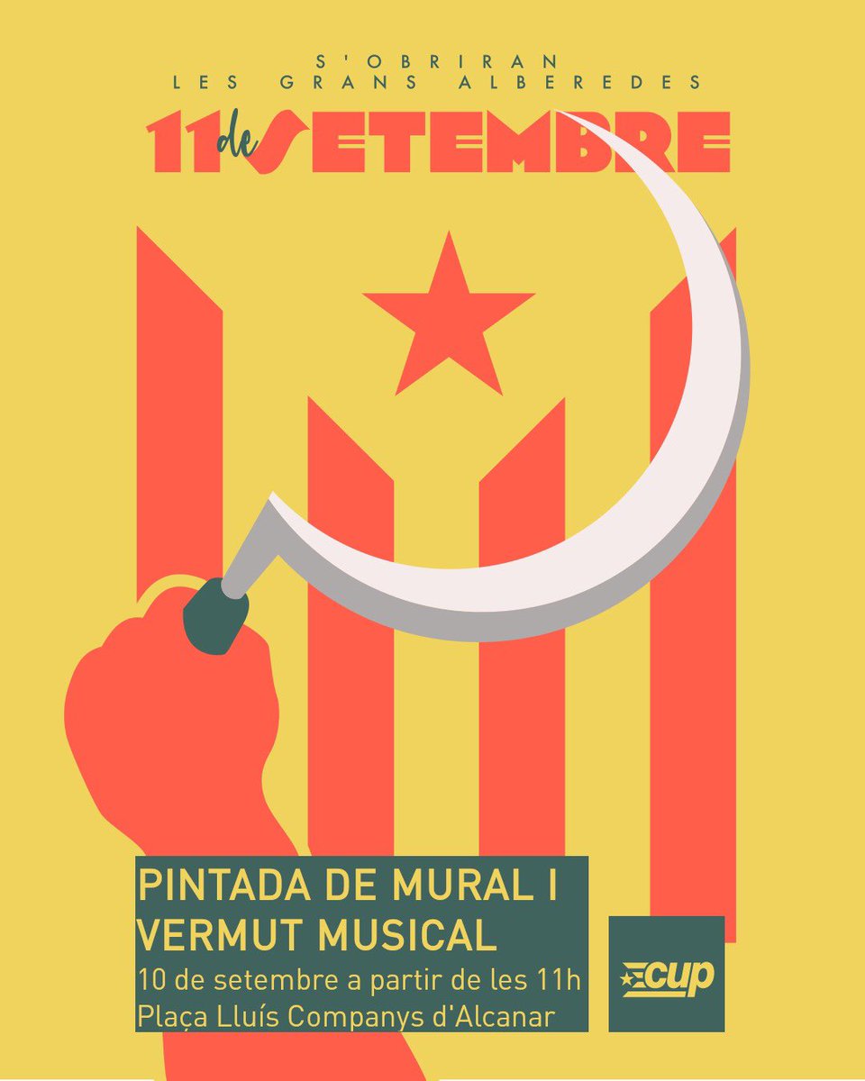 CUPEbre's tweet photo. 📢ACTES PREVIS A LA DIADA AL TERRITORI❗
🗓 10 de setembre👇
🖌🍺 11h a #Alcanar, pintada de mural i vermut musical.
🔥 20:30h a #Tortosa, Marxa de torxes de les Terres de l'Ebre.
🔥 22:30h a #Flix, Marxa de torxes.
Un Territori en moviment per la #Independència!!!💪💪💪 https://t.co/V29ajRXVtd