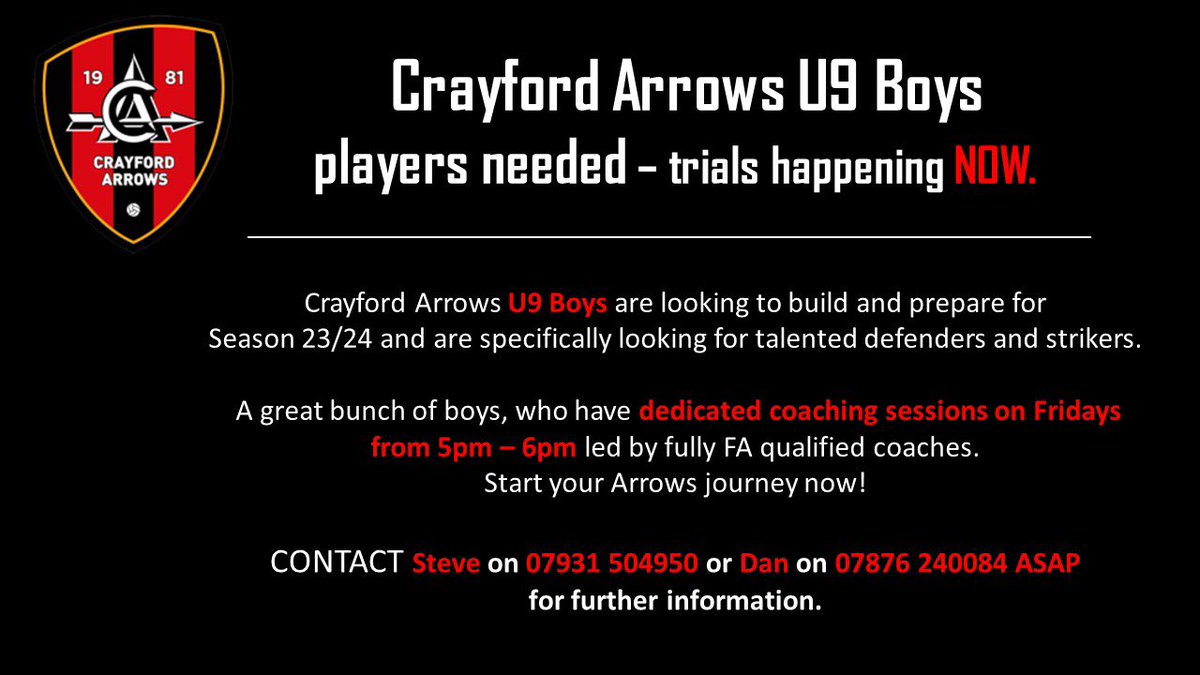 U9s, come join the Arrows ⚽️🏹🔴⚫️