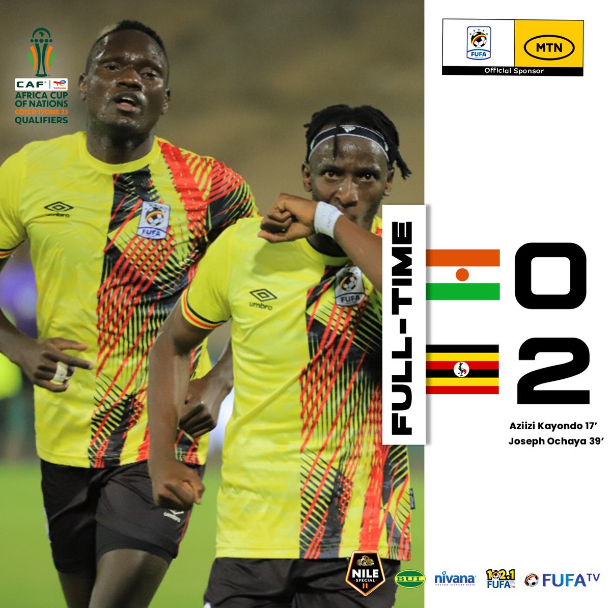 OfficialFUFA's tweet photo. Full-time
Niger 0-2 Uganda
#AFCON2023 
#TogetherWeCan 
#UgCranesWeGo https://t.co/NVxuhmedFZ