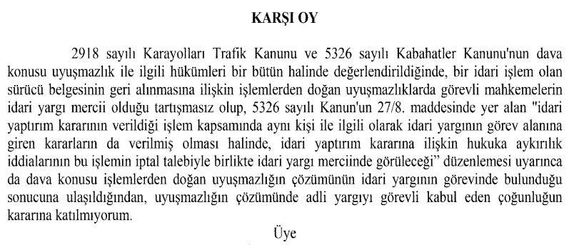 Uyuşmazlık Mahkemesi:
Karayolları Trafik Kanunu'nun 48. maddesinin 5. fıkrası kapsamında verilen idari para cezası ile sürücü belgesi geri alma tutanağına karşı yapılan itirazın ADLİ YARGI yerinde çözümlenmesi gerekir.
31/10/2022, E:2022/467, K:2022/507