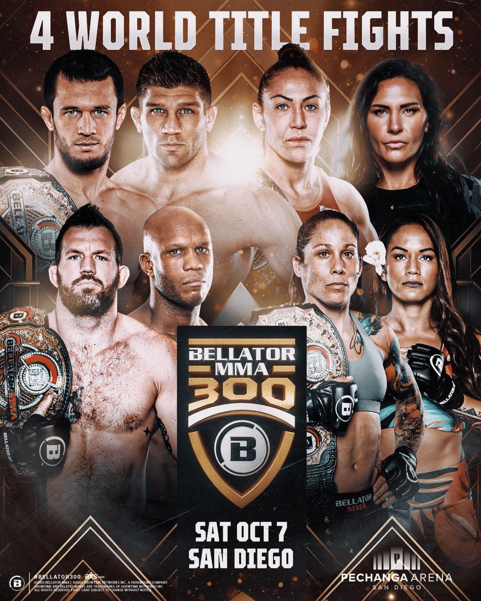 The 𝗕𝗜𝗚𝗚𝗘𝗦𝗧 Bellator card in history edges closer. 🔥 With 𝗙𝗢𝗨𝗥 title fights and a stacked undercard, this one is 𝙪𝙣𝙢𝙞𝙨𝙨𝙖𝙗𝙡𝙚. 🎟️ Don't miss history on Sat, Oct 7 at @PechangaArenaSD ▶️ bit.ly/B300-Tix