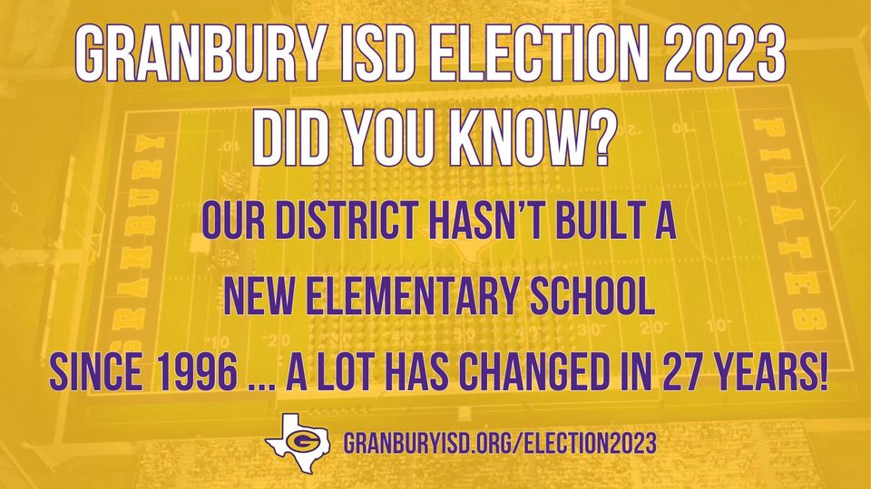 DID YOU KNOW: The Granbury ISD Bond Proposal includes funds that, if approved, will build a new elementary school behind H-E-B located off Old Granbury Rd and Peck Rd. Granbury ISD has not built a new elementary school since 1996.

Learn more: granburyisd.org/election2023