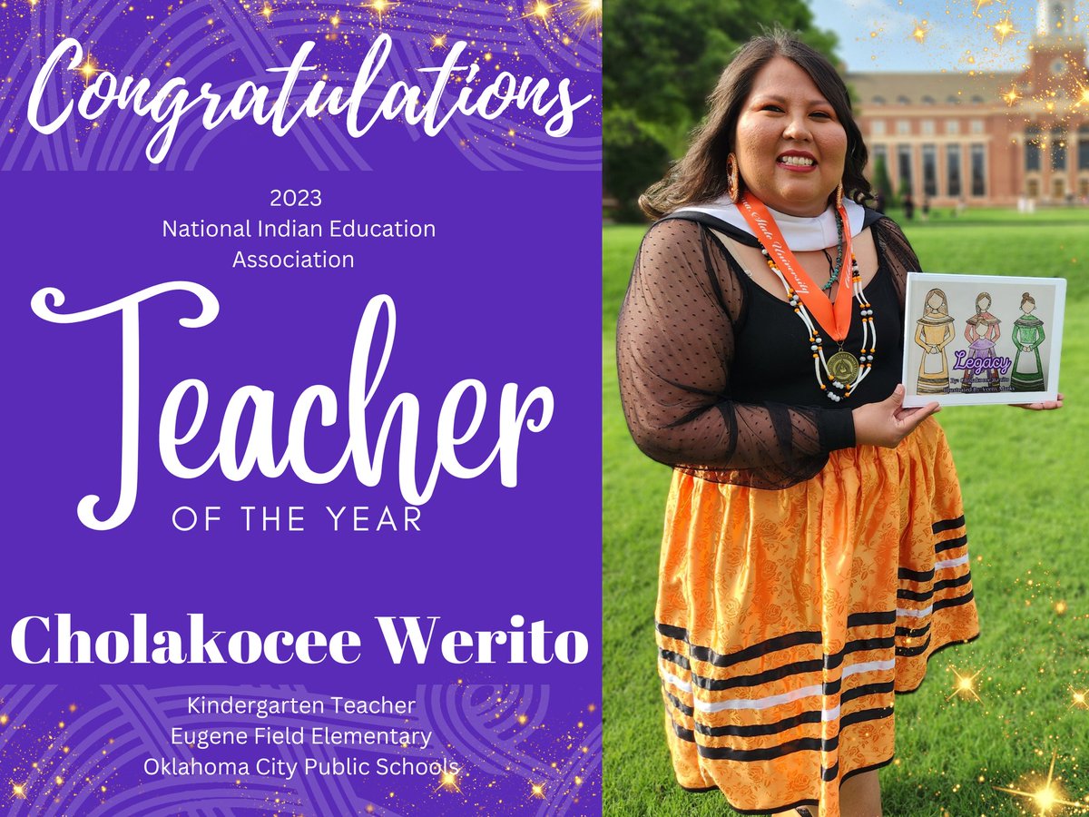 #TeamOKCPS: Miss Cholakocee Werito of Eugene Field Elementary was named the 2023 National Indian Education Association Classroom Teacher of the Year! Please join us in celebrating Ms. Werito's achievements!