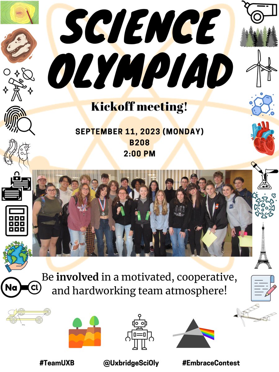 UxbridgeSciOly's tweet photo. #HereWeGoAgain The kickoff meeting for the Science Olympiad team will happen on Monday, Sept 11th after school in room B208. All who are interested are welcome. Hope to see many of you there! #TeamUXB #EmbraceContest #SO40thSeason https://t.co/6g14wcistV