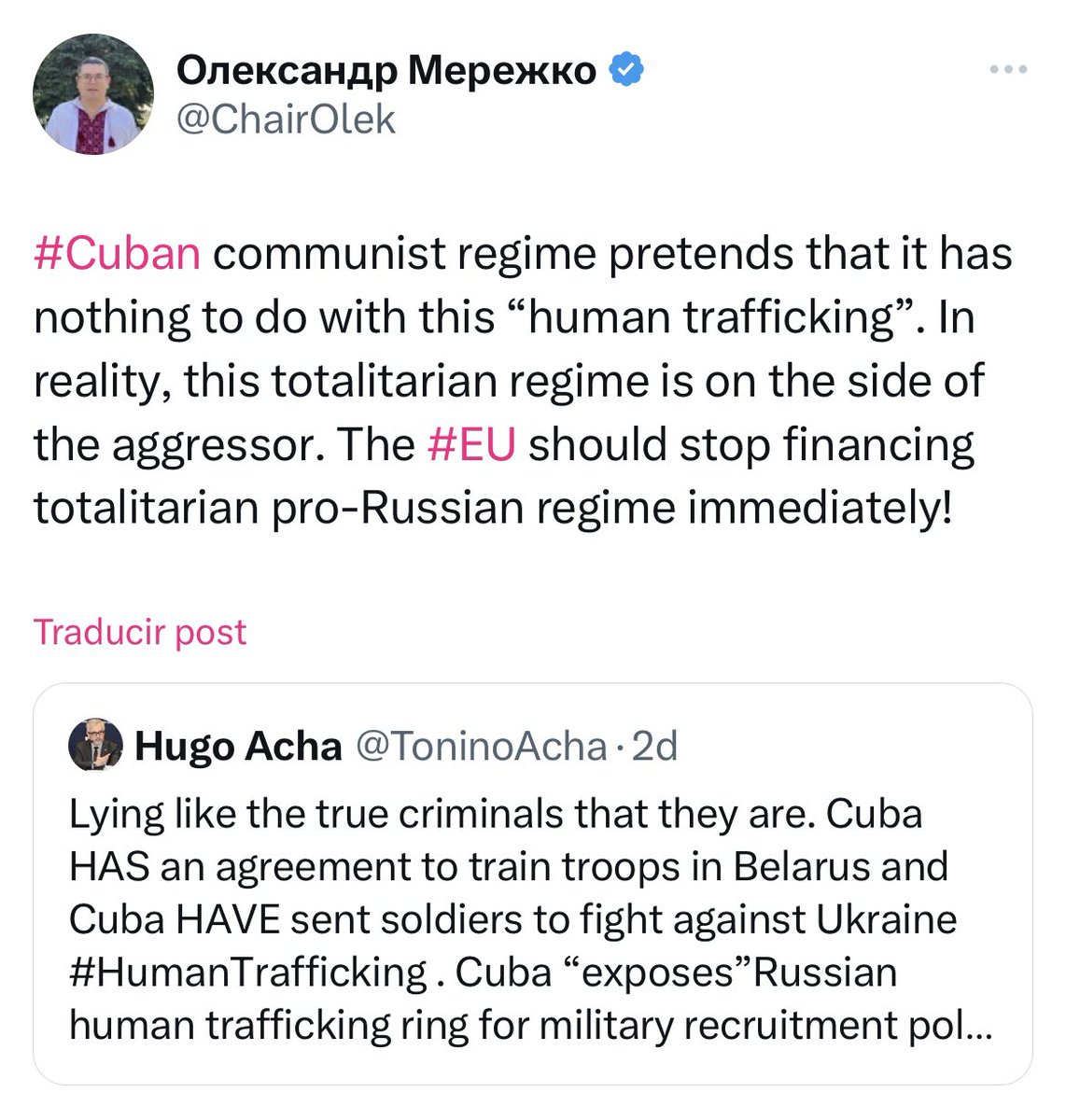 VictorDuenasCU's tweet photo. 🇺🇦 🇨🇺 | El presidente de la Comisión de Asuntos Exteriores del Parlamento ucraniano, Oleksandr Merezhko acusa al régimen cubano de ser cómplice de tráfico humano.

Para el parlamentario ucraniano, el régimen de la Isla está involucrado en el reclutamiento de soldados cubanos para la guerra de Rusia contra Ucrania