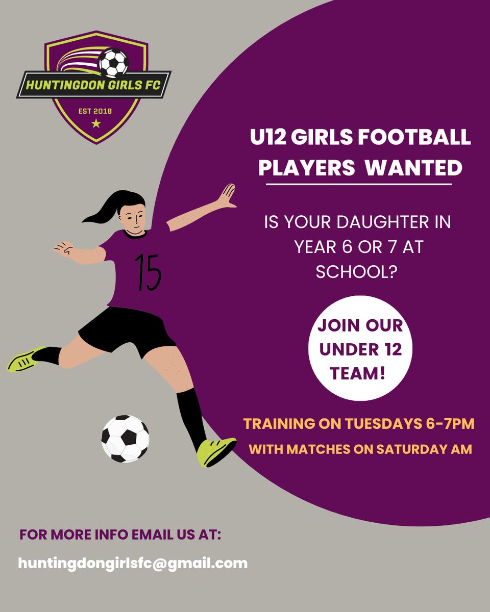 HuntsGirlsFC's tweet photo. We're looking for players to join our very
friendly U12 team, if your daughter is in year 6 or 7 and interested in playing football please get in touch.

The team train weekly on Tuesdays 6-7pm and play matches on a Saturday morning. You can email us: 

huntingdongirlsfc@gmail https://t.co/Xbz3urfnKY