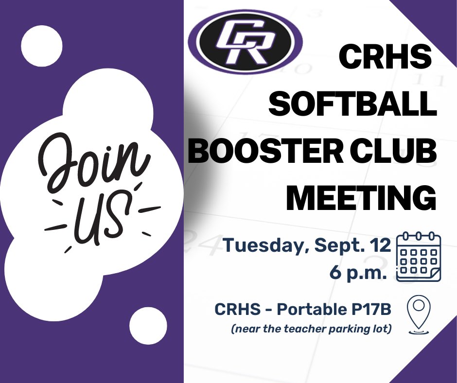 Our first booster club meeting is the year is Tuesday, Sept 12th! Please join us to help plan for a fantastic year. 💜🖤🥎