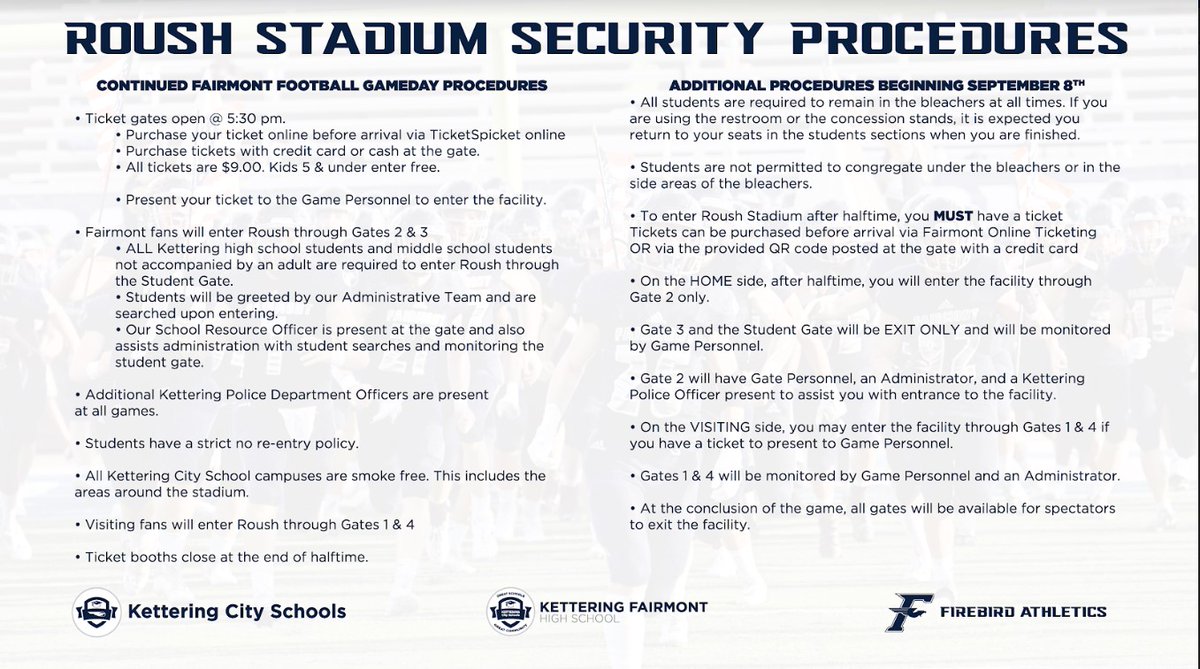 KCS, FHS Athletics, and the KCS Board of Ed are committed to continuously improving procedures to ensure great experiences at athletic events. As we prepare to host our next HOME game, we remind all fans of Gameday Procedures & Safety Measures, effective Sept. 8. #WeAreFirebirds