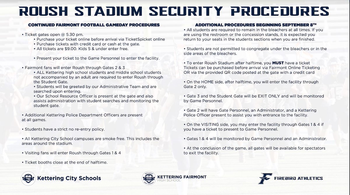 KCS, FHS Athletics, and the KCS Board of Ed are committed to continuously improving procedures to ensure great experiences at athletic events. As we prepare to host our next HOME game, we remind all fans of Gameday Procedures &amp; Safety Measures, effective Sept. 8. #WeAreFirebirds