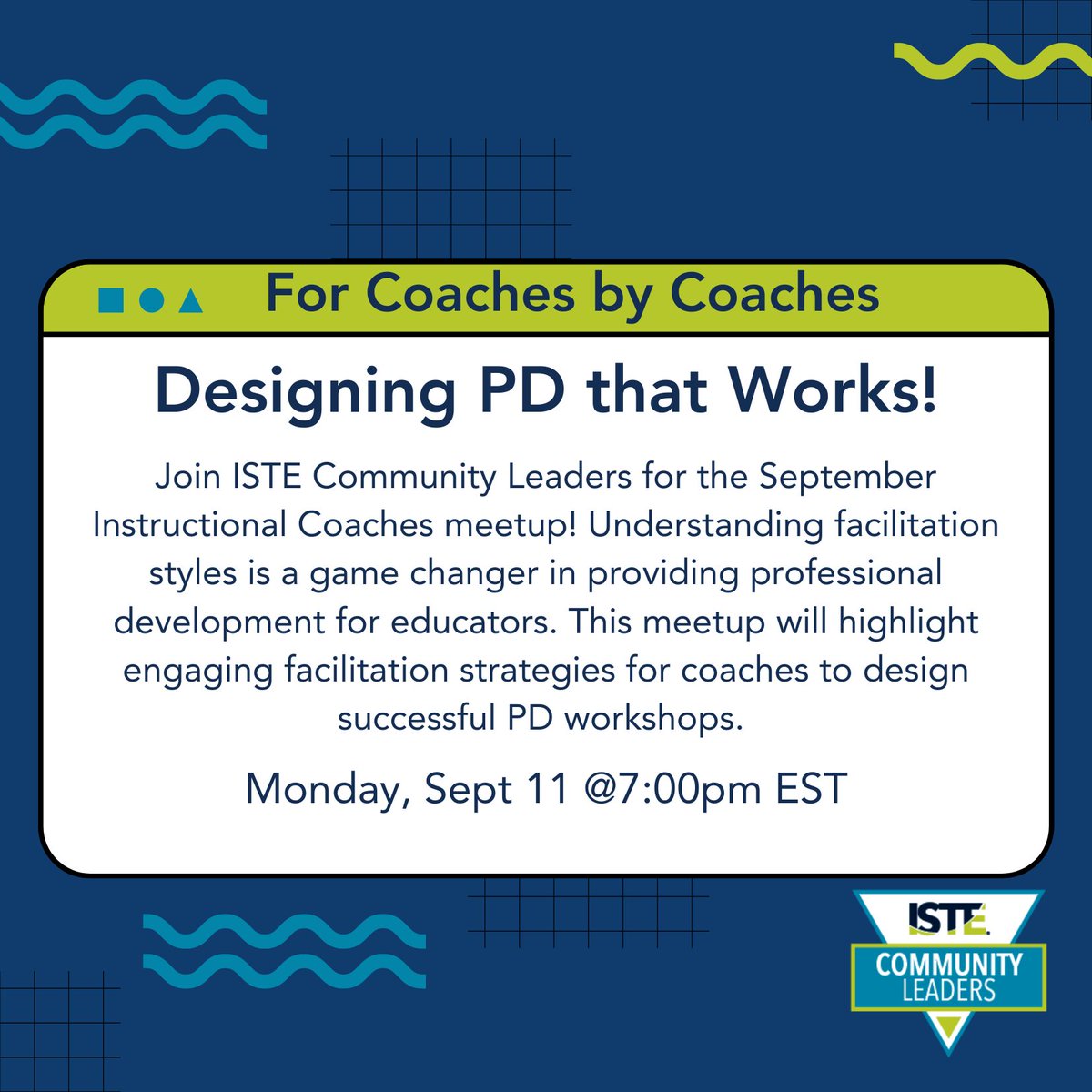 Join @ISTEcommunity leaders for the instructional coaches meetup this coming Monday at 7pm EST to learn more about designing PD that works! ✅ Register here: bit.ly/ISTECoachSEP