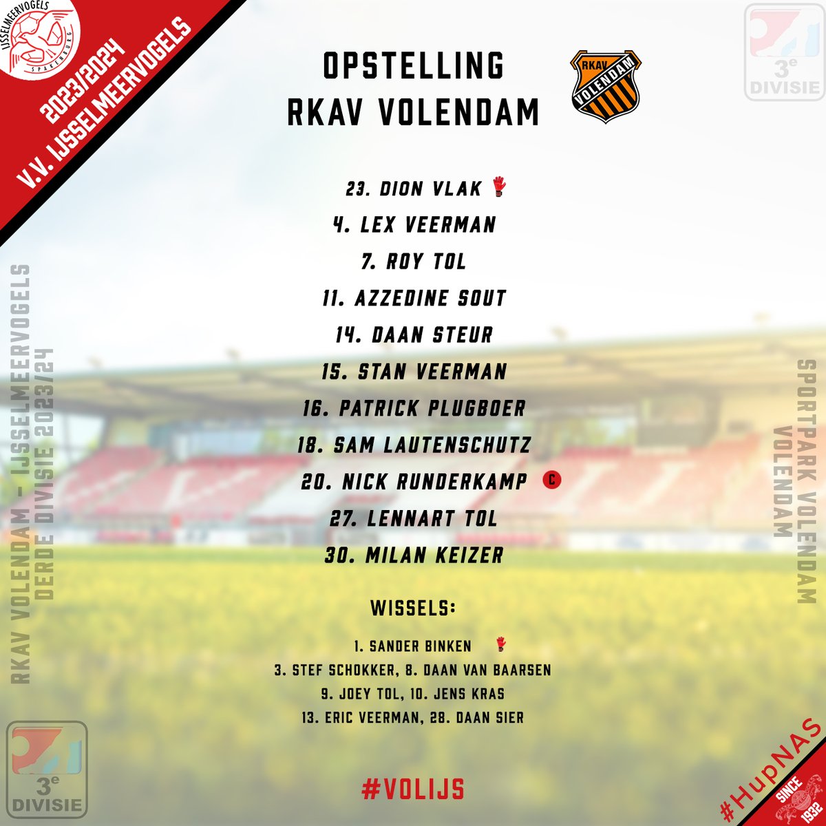 VVIJV's tweet photo. 20:00 uur ⚽️ #IJSVVS | De opstelling en de wissels van @rkav_volendam
#VOLIJS https://t.co/9B4Mo8q8Ym