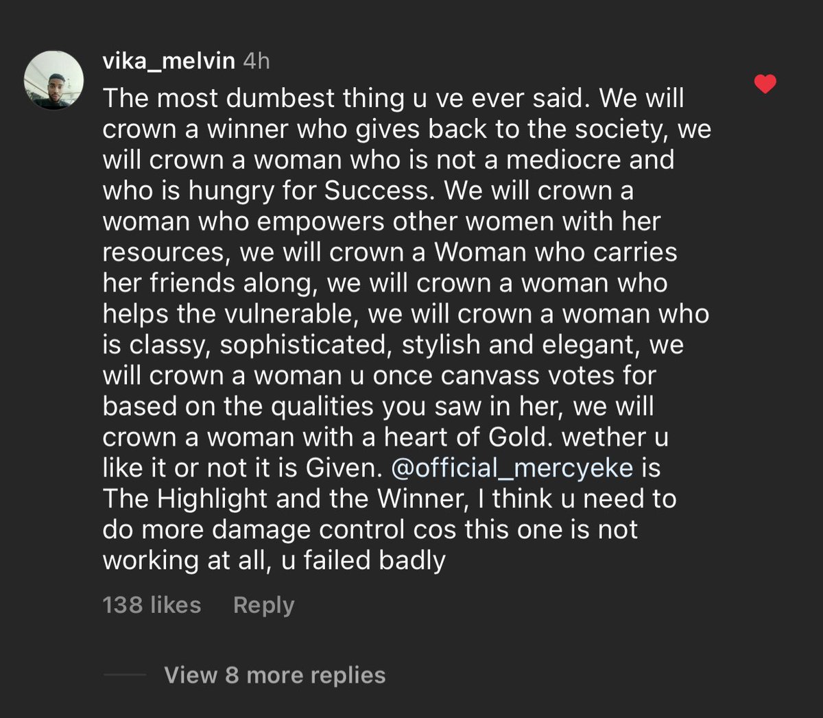 This comment on ig brought me to tears, see eh Mercy Eke has won in life honestly, this is not even about 120m anymore, if people can say this about u, money cant buy this, this is winning in all aspects of your life, what legacy are you leaving behind... Vote mercy eke ioo