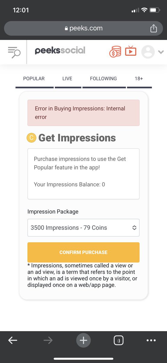 JenniSlays_'s tweet photo. @PeeksSocial My 73,000 impressions disappeared, I bought 42,000 more impressions and those instantly vanished as well. Now when I attempt to purchase impressions again it tells me internal error. Please contact me. https://t.co/I9IaEZespY