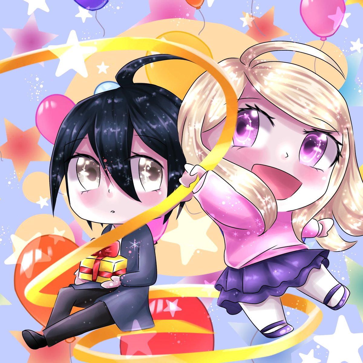 #saimatsuweek2023 Day 7: Birthday Happy Birthday Shuichi Saihara!! 💜🩷 This is my first entry for the #saimatsuweek & I wanted to draw them in chibi style!! 🥹 #drv3 #shuichisaihara #happybirthdayshuichi #kaedeakamatsu