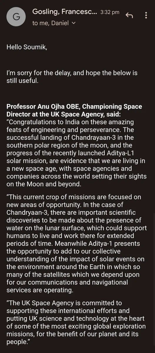 Message from the #UKSpaceAgency on the successful landing of the #Chandrayaan-3 Mission.  

Professor Anu Ojha OBE, Championing Space Director at the UK Space Agency tells ANI, 'The successful landing of Chandrayaan-3 in the southern polar region of the moon and the progress of