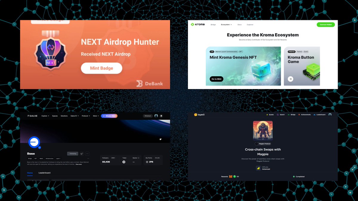 PatrykosWeb3's tweet image. Co było "klikane": czyli moje dzisiejsze akcje na blockchainie ‼️ 
(zostaw like/retweet i obserwuj profil aby być na bieżąco)

🔸odebrałem nową odznakę na DeBank
🔗debank.com/badge/17

🔸przesłałem środki i odebrałem NFT na Kroma
🔗kroma.network/ecosystem/expe…

🔸zgarnąłem punkty…