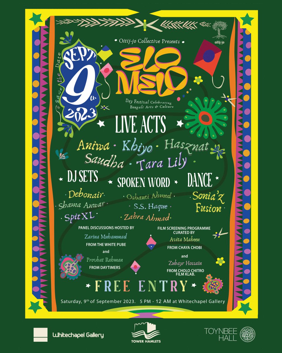 THIS SATURDAY! Elo Melo festival with Oitij-jo at <a href="/_TheWhitechapel/">Whitechapel Gallery</a>, from 5pm. The phrase ‘Elo Melo’ encapsulates what the festival is all about – a beautiful mishmash of creativity, a harmonious disorder of cultural expression and a blend of influences from Bengal in London.
