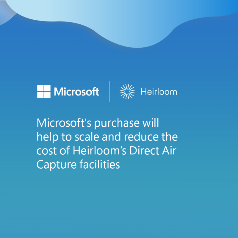 MSFTIssues's tweet photo. .@heirloomcarbon's Direct Air Capture Hubs are taking off 🌍📈 

Today Microsoft announced one of the largest carbon removal deals with Heirloom. 

This agreement will remove up to 315K metric tons of CO2 and provide project finance to build future DAC facilities.