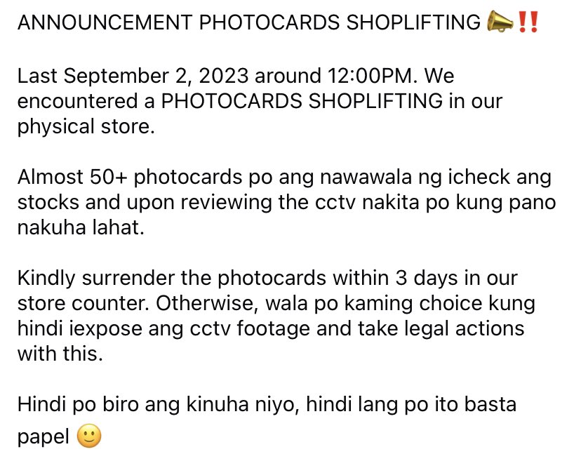 UnniesKCart's tweet photo. ANNOUNCEMENT PHOTOCARDS SHOPLIFTING 📣‼️

Last September 2, 2023 around 12:00PM. We encountered a PHOTOCARDS SHOPLIFTING in our physical store. 

Almost 50+ photocards po ang nawawala ng icheck ang stocks and upon reviewing the cctv nakita po kung pano nakuha lahat. 

1/2 https://t.co/Qy8rHFFPIO