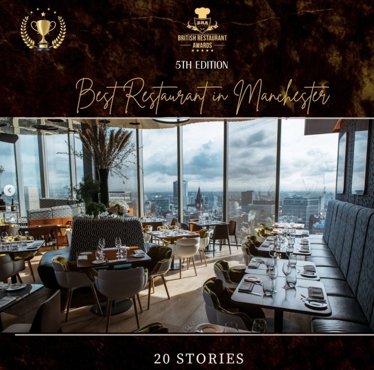 WINNERS 🏆 We’re thrilled to announce our award for Best Restaurant in Manchester 2023 at the British Restaurant Awards @britishrestaurantawards 👨🏼‍🍳 Thank you to all of our guests for your continued support, somewhere high above Manchester 🌆 The 20 Stories family ❤️