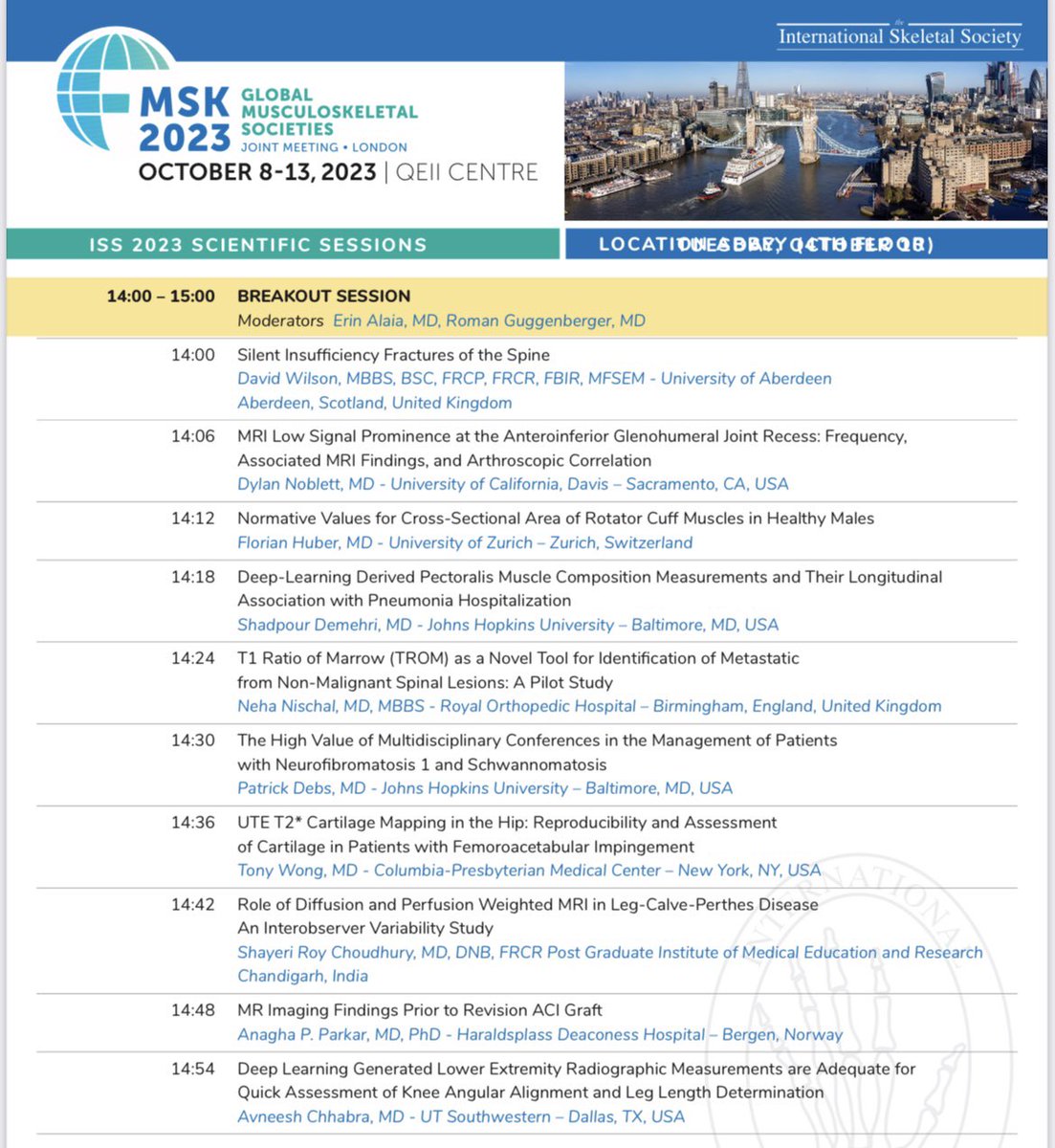 Excited to share the lineup for the Scientific Session Oct 9-10 during the MSK2023 Global MSK Societies Joint Meeting hosted by the International Skeletal Society @intskeletal - A first-of-its-kind meeting including ALL musculoskeletal societies worldwide internationalskeletalsociety.com/msk-2023-globa…