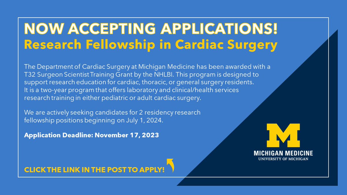 Gorav Ailawadi (@gailawadimd) on Twitter photo Weāre now accepting applications for our T32 surgeon scientist training grant starting in July 2024! Click the link below for more information on this exciting research fellowship opportunity!
medicine.umich.edu/dept/cardiac-sā¦
<a href="/UMichCTSurgery/">Michigan CT Surgery Residency</a> <a href="/umichCVC/">U-M Health Frankel CVC</a> <a href="/umichmedicine/">Michigan Medicine</a> Weāre now accepting applications for our T32 surgeon scientist training grant starting in July 2024! Click the link below for more information on this exciting research fellowship opportunity!
medicine.umich.edu/dept/cardiac-sā¦
<a href="/UMichCTSurgery/">Michigan CT Surgery Residency</a> <a href="/umichCVC/">U-M Health Frankel CVC</a> <a href="/umichmedicine/">Michigan Medicine</a>