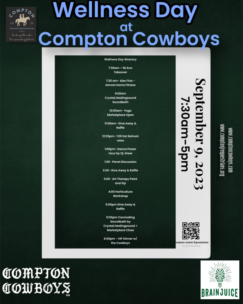 Please join us at the Compton cowboy's ranch in Compton's own Richland Farms for our  Wellness Day. In support of raising funds to support our  community service mission, we are providing activties for the whole family that address  mental health and wellness.
#Comptoncowboys