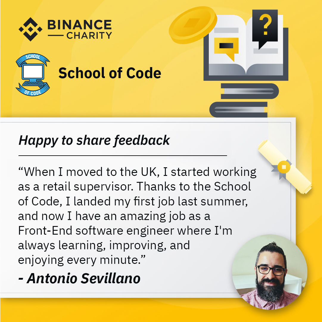 🤝 Binance Charity & @theSchoolOfCode are shaping the future of UK tech. Shoutout to student Antonio Sevillano for his incredible journey! 🚀🖥️