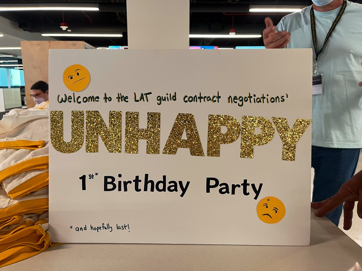 latguild's tweet photo. Itโs been a whole year since we started bargaining for a new contract. Today weโre acknowledging that (un)happy birthday ๐ซ ๐ฅณ #NewContractNow https://t.co/GFNnT0z9HH