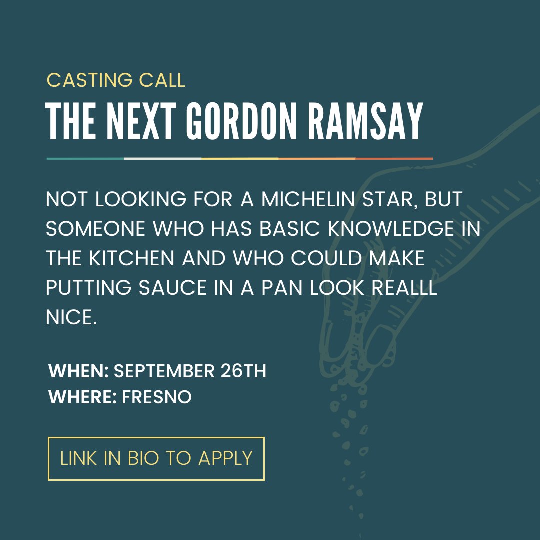 Are you the next Gordon Ramsay? 

We aren't looking for a Michelin star, but someone who has basic knowledge in the kitchen and who could make putting sauce in a pan look reeallll nice. 

Link in bio to apply! 

#castingcall #fresno #chef #restaurant #food #commercial