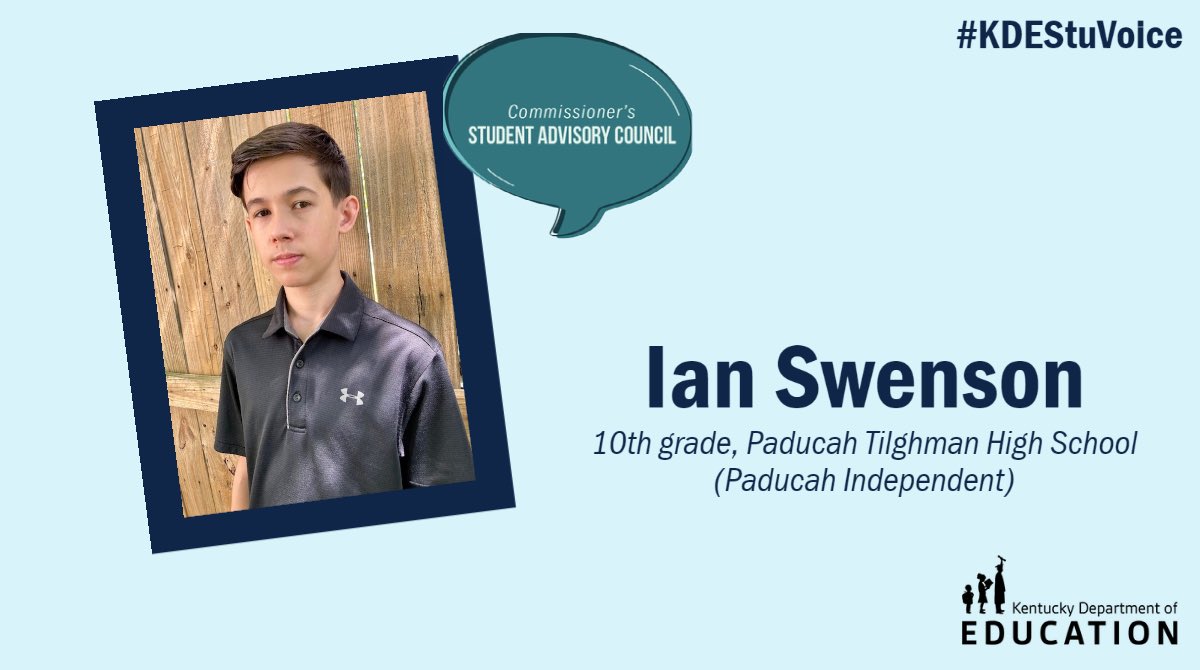 Introducing Ian Swenson, a sophomore at Paducah Tilghman High School (Paducah Independent)! 

Swenson is a new member of the council, and his goal is to help improve the education of his fellow students. #KyEd