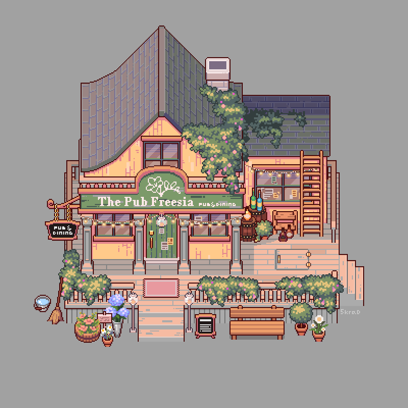 fivekrad's tweet photo. A country pub🍻🌿 #pixelart https://t.co/sWNBpSkaCf