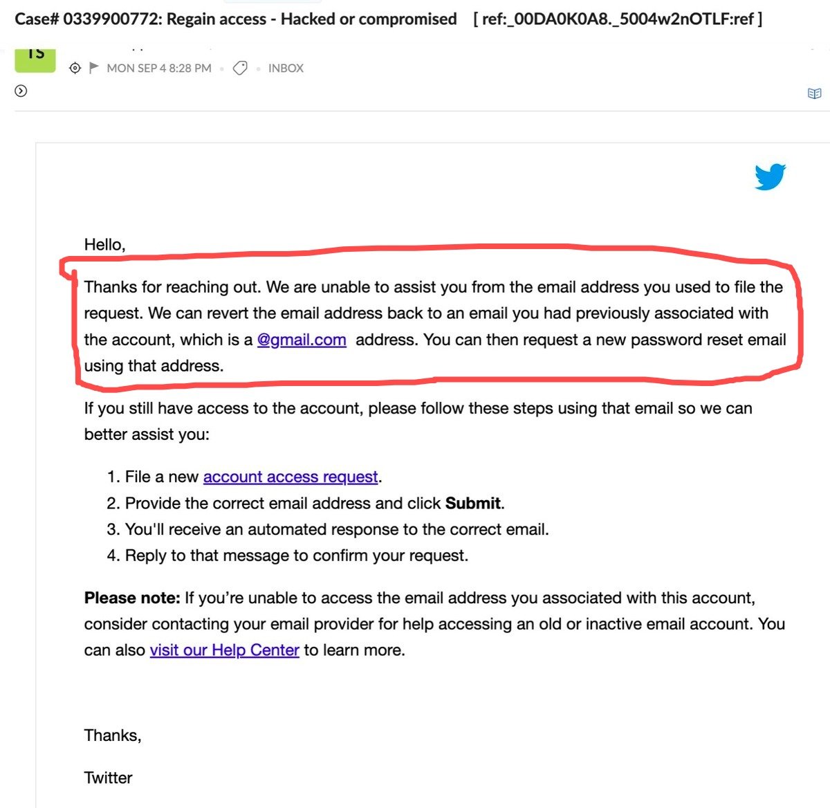 ekmokaya's tweet photo. 13. The funny thing is Twitter did suggest a perfect solution:
"We can revert the email address back to an email you had previously associated with the account...You can then request a new password reset email using that address"
They haven't done it yet.
#BringBackMwango https://t.co/GLRlSpc7JC