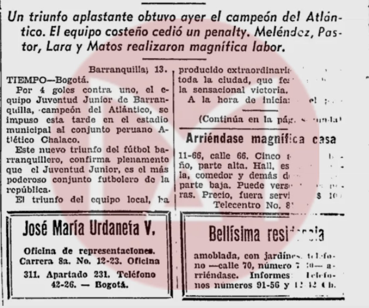 Mayo de 1933, los diarios capitalinos anuncian la llegada a Bogotá del campeón dptal. Juventud Junior, para enfrentar al Santiago Wanderers.
Así mismo la victoria del Juventud Junior sobre el Atletico Chalaco del Perú.

"El más poderoso conjunto futbolero de la República"
✊🇦🇹🦈
