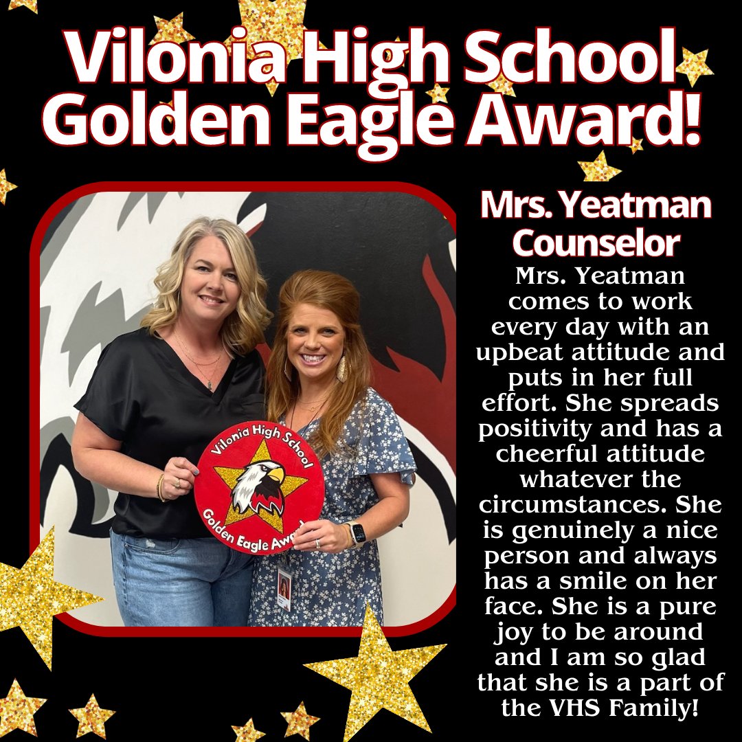 ViloniaHS's tweet photo. Congratulations to our first Vilonia High School Golden Eagle of the 2023-2024 school year! Mrs. Yeatman was chosen by Mrs. Matthews for always bringing such positive energy to our campus! Well-deserved! #VHSNeverQuit https://t.co/sLtenU77UZ