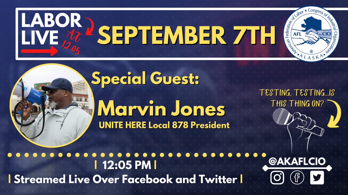 AKAFLCIO's tweet photo. Special guest Marvin Jones will share the history of UNITE HERE 878 and how the power of collective bargaining has impacted its members. #1u #LaborMonth 

Remember to tune in TODAY at 12:05! https://t.co/0keLB0XXV5